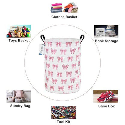 Round Large Pink Bow Print Waterproof Laundry Hamper - color: Round Pink Knot
