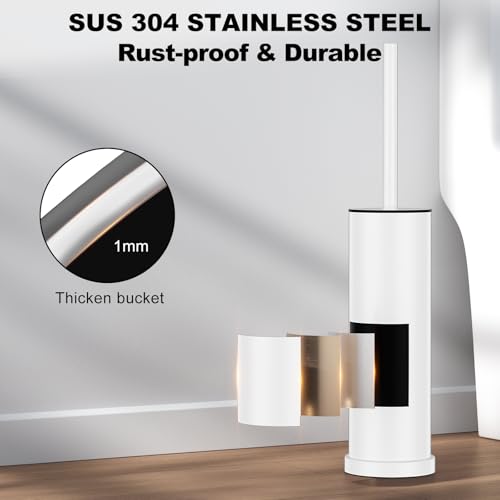 White Toilet Brush and Holder Set，Stainless Steel Heavy Duty Toilet Bowl Brush，Extra Long Handled Modern Toilet Cleaner Brush with Replaceable Head, Removable Inner Bowl, and Splash Protection - color: White