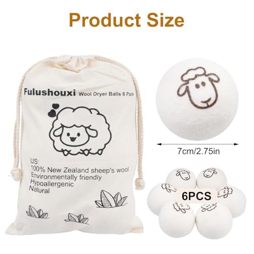 6 Pcs Wool Dryer Balls, Reusable New Zealand Natural Fabric Softener & Static Reducer Wool Laundry Balls for Dryer to Reduce Wrinkles & Shorten Drying Time, for Pet Hair & Laundry, with Storage Bag