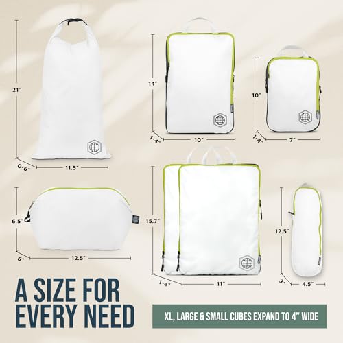 TRIPPED Travel Gear Large Compression Packing Cubes 7-Piece Set for Travel - color: White/Green