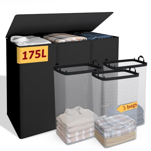 175L Laundry Hamper 3 Section,Large Laundry Hamper with Lid,Dirty Clothes Hamper with 3 Inner Bags,Collapsible Laundry Basket Organizer for Laundry Room,Bedroom,Laundry Sorter Hamper 3 Compartment - color: Black, size: 175L