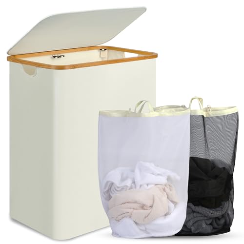 efluky Laundry Hamper with Lid, 160L Tall Laundry Basket with Bamboo Handles for Clothes and Toys, Collapsible Laundry Hamper with 2 Inner Bags for Bedroom and Bathroom, Beige - color: Beige, size: 160L
