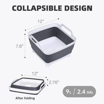 Collapsible Dish Basin, 9L/2.4 Gal Foldable Sink Tub with Drain