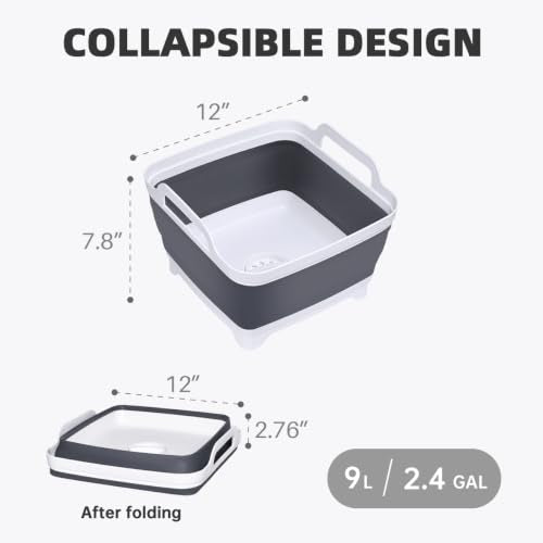 Collapsible Dish Basin, 9L/2.4 Gal Foldable Sink Tub with Drain