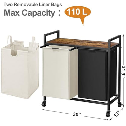 WOWLIVE Double Laundry Hamper with Wheels, Rolling Laundry Basket Organizer - color: Black and Beige, size: 110l (30.0 x 13 x 32 Inches)
