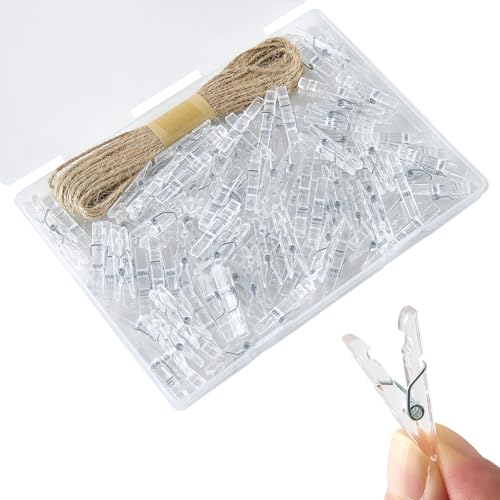 100 Pcs Clear Mini Clothespins 1.4 Inch Transparent Plastic Clips with 33 Ft Jute Twine Small Tiny Clips for Baby Shower Photos Christmas Cards DIY Crafts Party Decorations - color: Clear