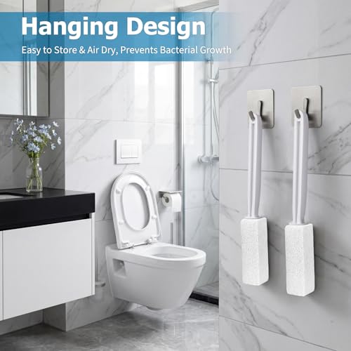 6 Pack White Extended Handle Toilet Brush, Bubble Pumice Stone, Hanging Design, Plastic Material, 13.4 Inch (34cm) Total Length (13.5cm Pumice + 20.5cm Handle), Powerful Stain Remover for Multiple Sur - color: White