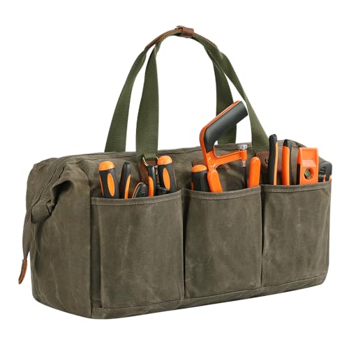 Heavy Duty 18-Inch Tool Bag for men, 12 Pockets, Large Zippered Tool Organizer, Portable Empty Toolbox for Mechanics, Electricians, DIY – Durable Soft Handle, Ideal Father’s Day or Birthday Gift - color: Army Green