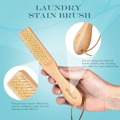 BFWood Laundry Stain Brush, Natural Soft Boar Bristle for Scrubbing Out Tough Stains on Delicate Fabrics, Knits, Cotton, Linens, No Damage