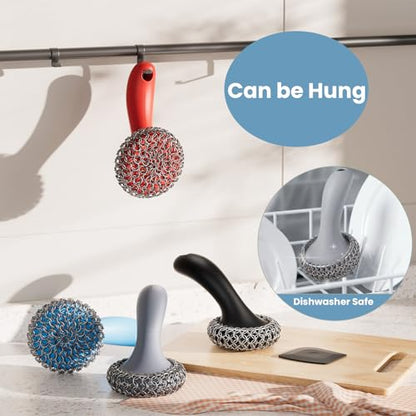 Cast Iron Scrubber with Long Handle Dish Scouring Pad Chainmail Cleaner - color: Grey, 1 Scrubber + 1 Scraper