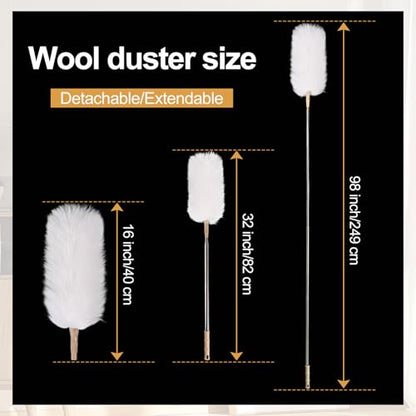 White Lambswool Extendable Duster, 32-98 Inch Bendable Wool Head with Anti-Static Properties and Stainless Steel Extension Pole for Ceiling Fans, High Walls, and Roof Dusting(one Pack) - size: white wool