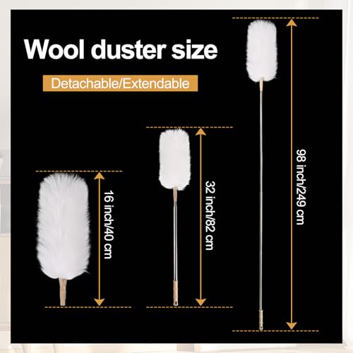 White Lambswool Extendable Duster, 32-98 Inch Bendable Wool Head with Anti-Static Properties and Stainless Steel Extension Pole for Ceiling Fans, High Walls, and Roof Dusting(one Pack) - size: white wool