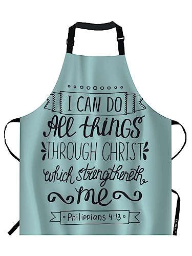 EKOBLA Bible Verse Aprons With I Can Do All Things Through Christ Christian Lettering Quote Waterproof Resistant Chef Cooking Kitchen BBQ Adjustable Aprons for Women Men 27x31 Inch - color: Multi-a130