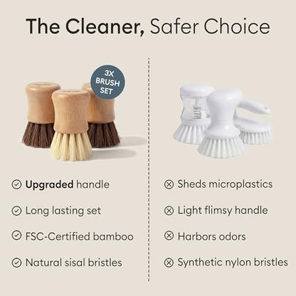 Vove Bamboo Dish Scrub Brush Set 3-Pack, 2 Hard and 1 Medium Brushes - size: Brush set - 2 Hard, 1 medium