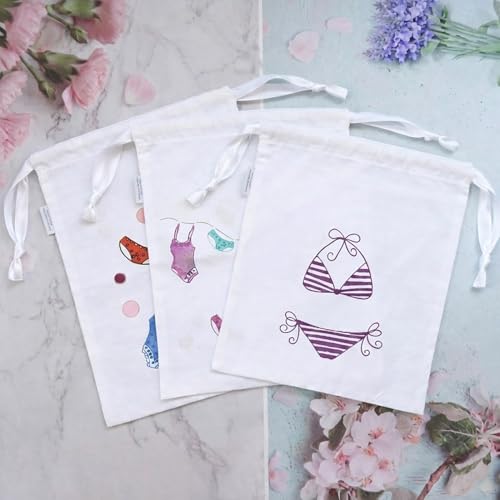 Lingerie Drawstring Bags Set of 3, 15x15 inch, 100% Pure Cotton, Cute Embroidery Pouch for Underwear, Swimwear, Delicates & Travel Storage, Washable Beach Bags for Women (White) - color: Women - White - Cute