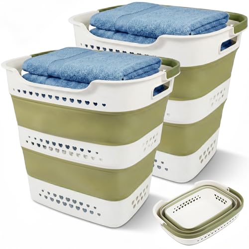 2 Pcs 42L/11.2 Gal Collapsible Laundry Basket - Foldable Plastic Pop Up Hamper with Handles, Space-Saving Storage Organizer for Wet & Dry Clothes, Ideal for Home, Dorm and Apartment Use Green - color: 2green