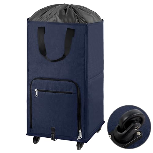 Bukere Large Rolling Laundry Basket, Laundry Hamper with Wheels, 4 Casters and 2 Handles, Collapsible Freestanding Wheeled Laundry Bag for Clothes, Apartment, College - color: Blue