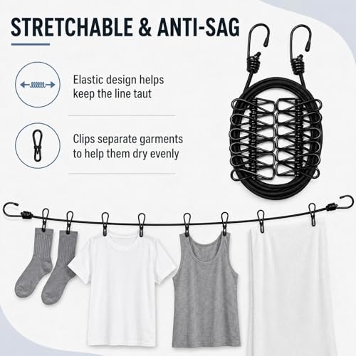 Portable Clothesline with 12 Clips, Stretch Travel Drying Rope with Stainless Steel Hooks for Camping Indoor Use.(Black) - color: Black