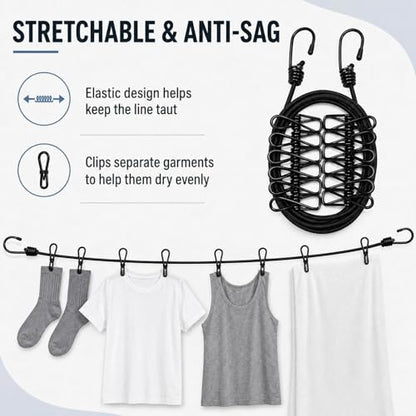 Portable Clothesline with 12 Clips, Stretch Travel Drying Rope with Stainless Steel Hooks for Camping Indoor Use.(Black) - color: Black
