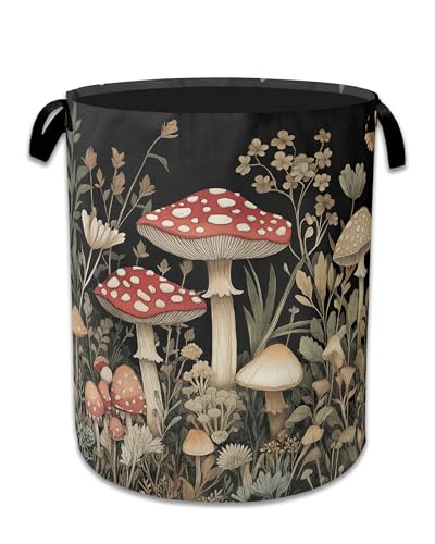 Red Mushrooms Laundry Basket,Foldable Waterproof Oxford Cloth Tote Bag Wildflower Plant Berries Laundry Hamper with Handles,20.8"x16" Clothes Storage Bucket Organizer for Laundry Room Bathroom Bedroom - color: Red Mushrooms Wildflower Plant Berries