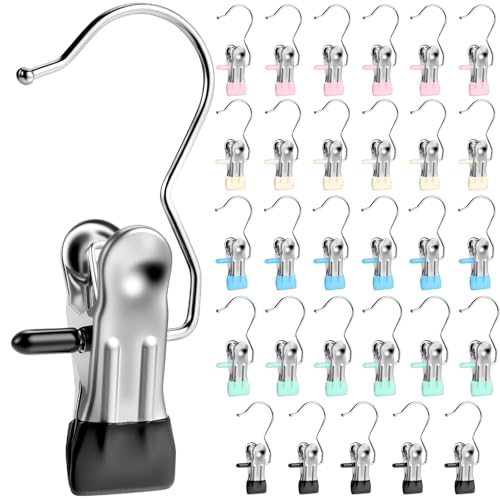 Senbowe 30 Pack Heavy Duty Clothes Pins, Boot Hangers for Closet, Laundry Hook Hanging Clips Clamps for Closet Organizer Pants Hats Socks Towels Clips, Clothespins Hanger for Travel Handbag Legging - color: Black,yellow,pink,green,blue