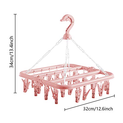 Clothes Drying Hanger with 32 Clips and Drip Foldable Hanging Rack (Light Pink) - color: Light Pink