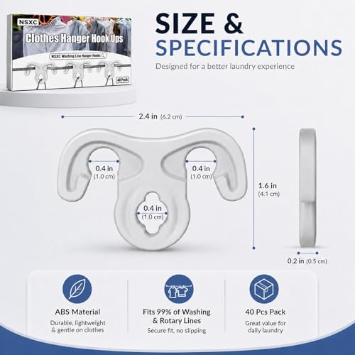 40 Pcs Clothesline Hanger Hooks, Windproof Hanger Hook Ups for Outdoor Clotheslines, Strong Grip ABS Laundry Hooks for Clothes Hangers, No Clothespin Marks, Fits Retractable and Rotary Clotheslines