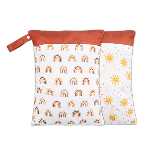 2 Pack Wet Dry Bags for Baby Cloth Diapers&Breast Pump Parts, Waterproof Reusable Wet Bag with Two Zippered Pockets & Handle, Beach Pool Gym Bag Stroller Yoga Toiletries Daycare Organizer for Swimsuit Wet Clothes, 11.8 inch x 15.7inch - color: Orange
