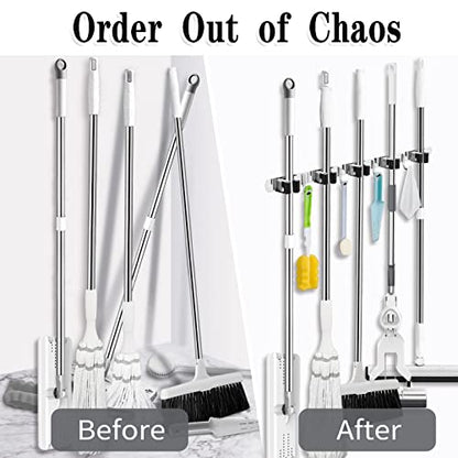 AceMining Broom Holder Wall Mount, 5 Racks 4 Hooks Heavy Duty Mop Organizer - color: 5 Racks & 4 Hooks (Silver) - 1 Pack