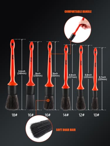 SPTA Car Detailing Brush Kit - 6 Pack, Auto Boar Hair Detail Brush Set Automotive Interior Exterior No Scratch Microfiber Detailing Brushes for Cleaning Air Vents, Engine Bays, Dashboard and Wheels - color: Car Detail Brush Set 6