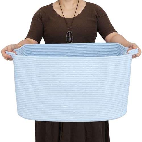 XUANGUO Large Rectangle Woven Cotton Rope Blanket Basket 22"x17"x12" Blue - color: blue