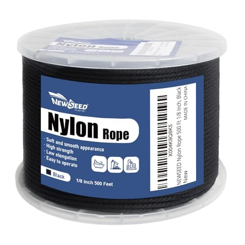 NEWSEED 500 Ft 1/8 Inch Nylon Rope Heavy Duty Utility Rope (Black) - size: 1/8 In x 500FT, style: Black