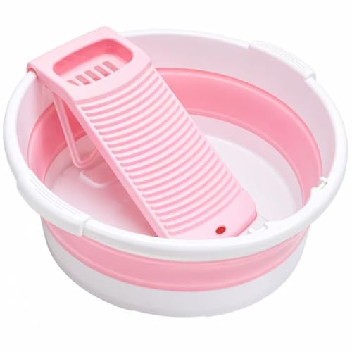 Fold Washboard Basin for Hand Washing Clothes,Non-Slip Washtub with Integrated Washboard for Hand Wash Laundry Household (Pink) - color: Pink