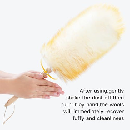 ONESIMUS 2 Pack Lambswool Dusters Fluffy Handheld Natural Feather Duster, 11 inch Washable Reusable Wool Dusters with Solid Wooden Handle for Cleaning Ceiling Fan, Interior, & Car etc - size: 2 Count (11inch)