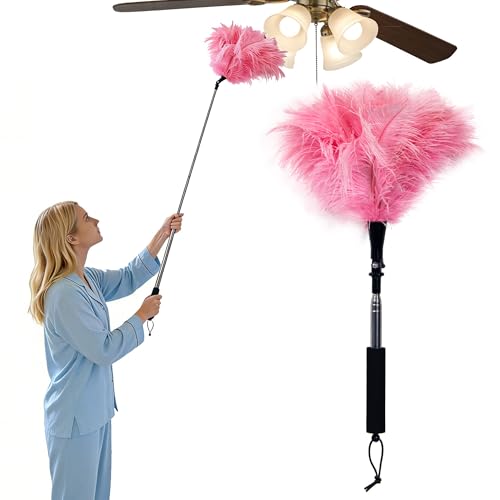 Feather Duster Extendable 22–47 Inch, Long Handle Duster for High Ceilings & Ceiling Fans, Natural Ostrich Feather Duster for Furniture, Blinds Cobweb Cleaning (Pink) - color: Pink