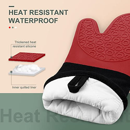 Silicone Oven Mitts - 14.6" Heat Resistant Oven Gloves for Baking, Cooking - color: Red & Black, size: 14.6in Oven Mitts