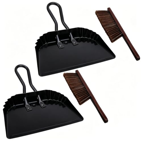 4Pcs Dust Pan and Brush Set, Heavy Duty Metal Dustpan with Wood Broom, Large 12In Black Iron Dust Pans, Handheld Broom for Pet Hair, Car, Patio, Office, Home Cleaning - Rubber Coated Handle