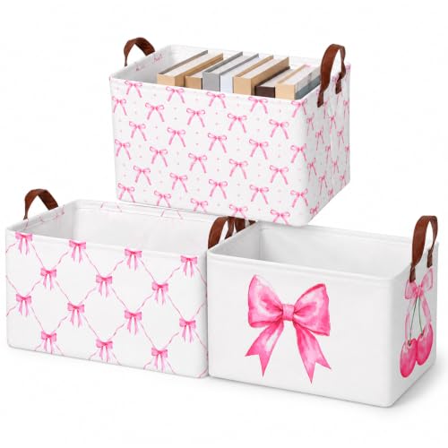 3 Pcs Pink Bow Storage Baskets for Gifts Empty Large, Coquette Room Decor, Toys Books Laundry Basket for Girls, Collapsible Canvas Fabric Pink Storage Bins With Handle for Bedroom Bathroom Nursery