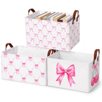 3 Pcs Pink Bow Storage Baskets for Gifts Empty Large, Coquette Room Decor, Toys Books Laundry Basket for Girls, Collapsible Canvas Fabric Pink Storage Bins With Handle for Bedroom Bathroom Nursery