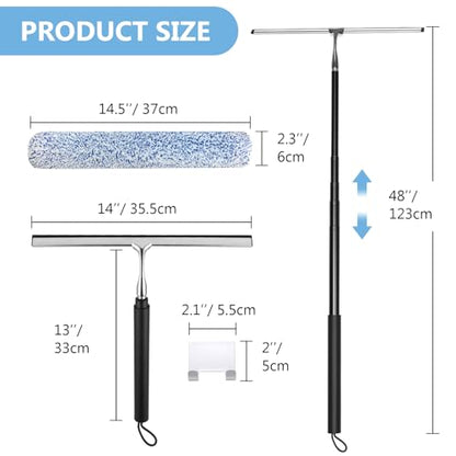 Squeegee for Shower Glass with Long Handle – Extends 13" to 48", Includes 2 Towel Sleeves, Replacement Silicone Blade & Hook, 14" Wide Blade for Glass, Mirrors, Windows & Tile Walls (Black)