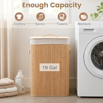 Giantex Bamboo Laundry Hamper with Lid, Removable Liner & Portable Handles - color: Light Tan