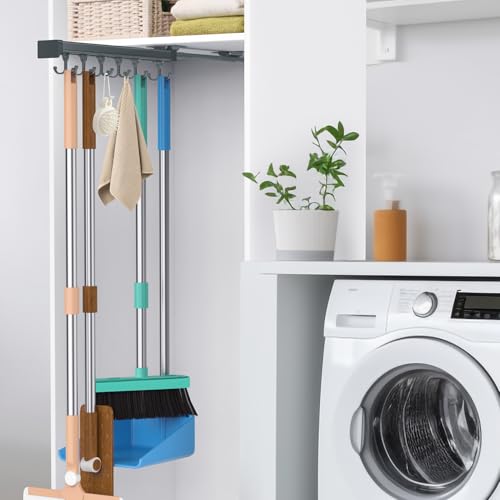 Pull Out Broom Holder With Adjustable Double Row Sliding Hook -Grey 14.17in - color: Dark grey, size: 36cm/14.17inch