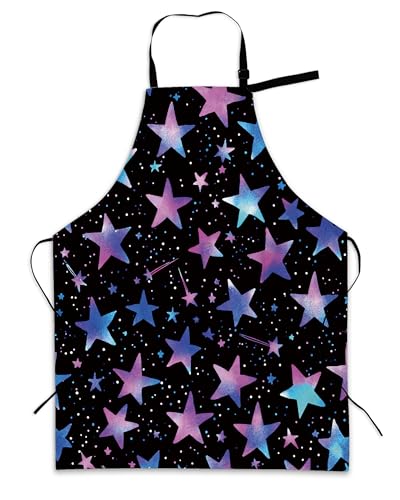Cooking Aprons for Men and Women,Adjustable Bib Chef Apron with 2 Pockets, Soft and Durability Kitchen Apron - color: Blue Pink Stars