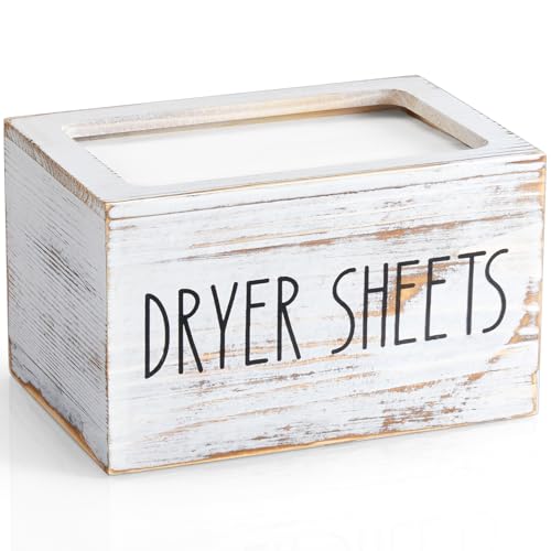 Dryer Sheet Holder, White Washed Wood Laundry Sheets Container, Laundry Room Organization and Storage for Farmhouse Laundry Room Decor and Accessories, Fabric Sheet Dispenser - color: White Washed