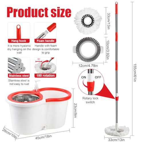 Spin Mop and Bucket with Wringer Set, 6 Microfiber Mop Heads, 61" Handle - color: White