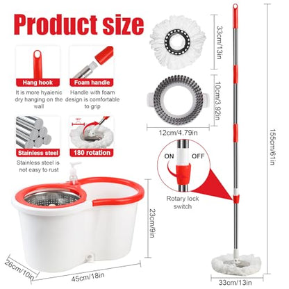 Spin Mop and Bucket with Wringer Set, 6 Microfiber Mop Heads, 61" Handle - color: White