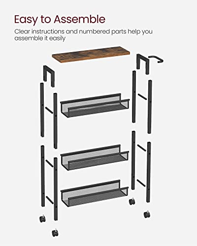 VASAGLE 4-Tier Slim Rolling Storage cart with Wheels, 5.1 Inches, Metal - color: Rustic Brown + Classic Black, size: 4 Tiers (5.1"D x 30.3"H)