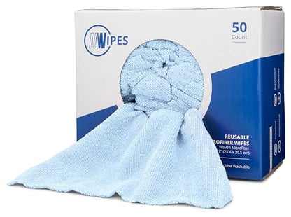 Microfiber Rags in A Box (50 Count) - Mwipes - 10" x 12" Reusable Wipes for Cleaning - Edgeless Terry Towels, Shop Rags, Wash, Dust, Disposable, House, Small Cleaning Cloths (Blue) - color: Blue