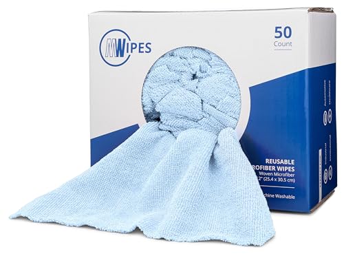 Microfiber Rags in A Box (50 Count) - Mwipes - 10" x 12" Reusable Wipes for Cleaning - Edgeless Terry Towels, Shop Rags, Wash, Dust, Disposable, House, Small Cleaning Cloths (Blue) - color: Blue