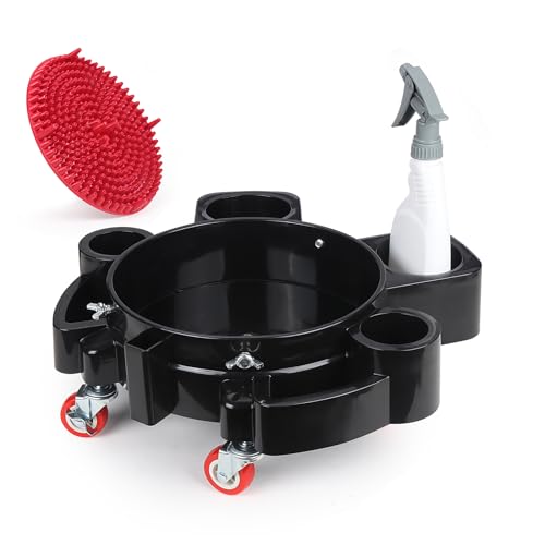 LCGP Bucket Dolly 5 Gallon Car Wash Professional Cleaning Bucket with Heavy Duty Wheeled Casters, Complimentary Strainer and Sprayer, Black - size: Dolly with Dirt Guard and bottle
